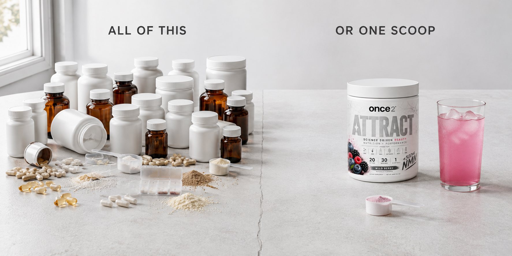 All of this, or one scoop of ATTRACT — a cabinet of pill bottles and powders versus a single supplement tub